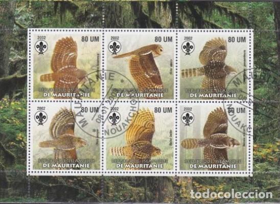 Timbres: MAURITANIA 2002 SHEET USED MNH FAUNA OWLS HIBOUX CHOUETTES BUHOS LECHUZAS EULEN BIRDS AVES OISEAUX