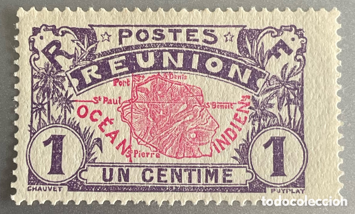 Sellos: Reuni&oacute;n. Mapa de la isla. 1907 - Foto 1