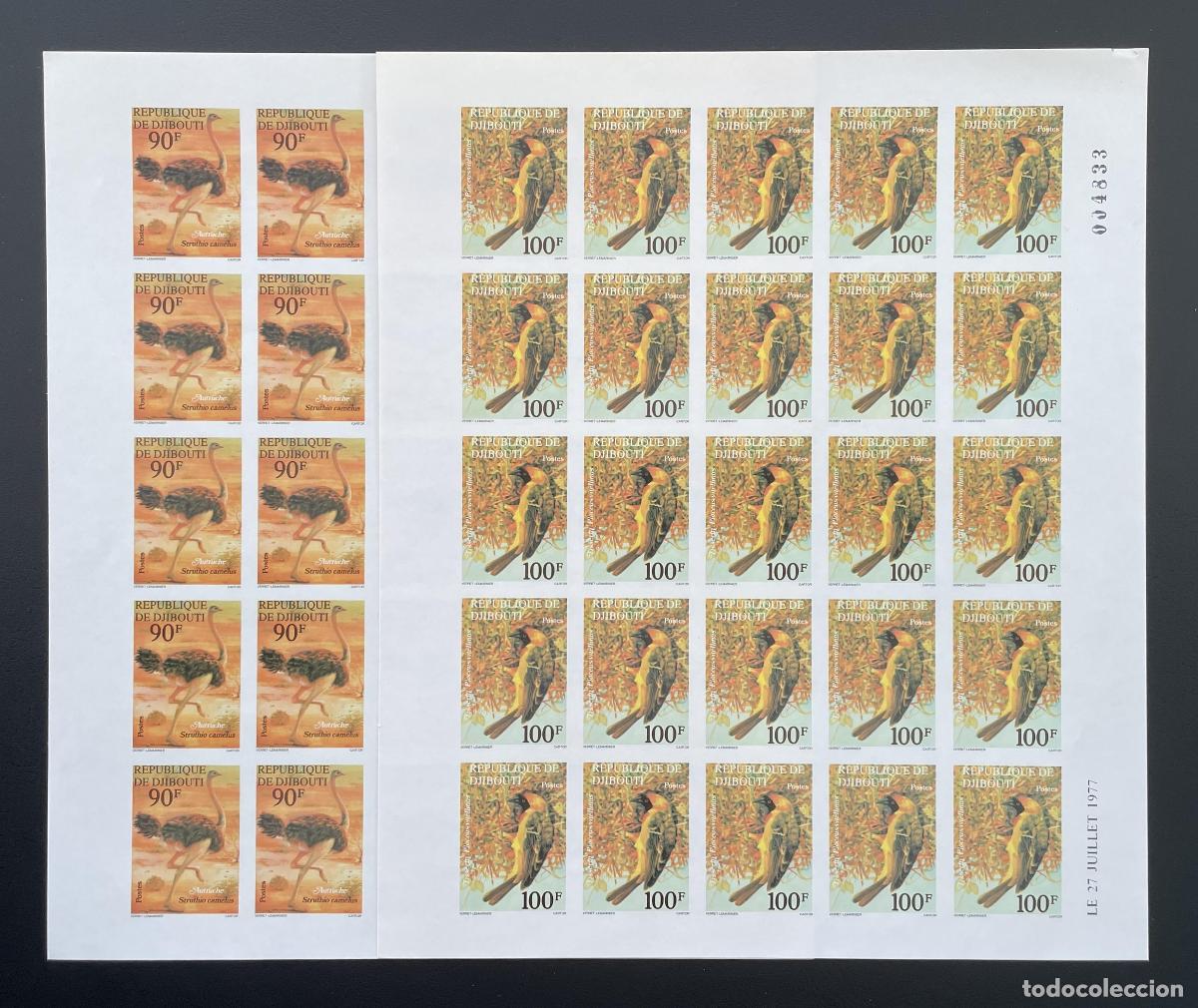 Sellos: Yibuti 1977 YT 463-464 ND tabl&oacute;n aves avestruz fauna ornitolog&iacute;a