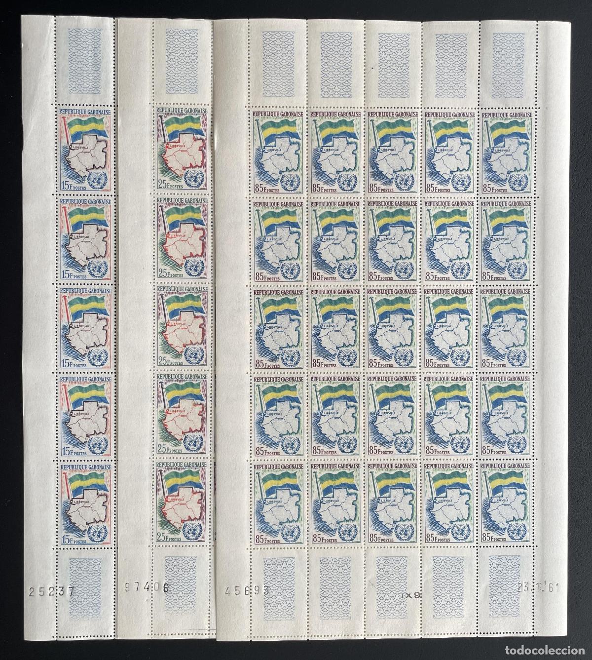 Briefmarken: Gab&oacute;n 1961 YT 150-152 bloque ONU bandera mapa Libreville admisi&oacute;n