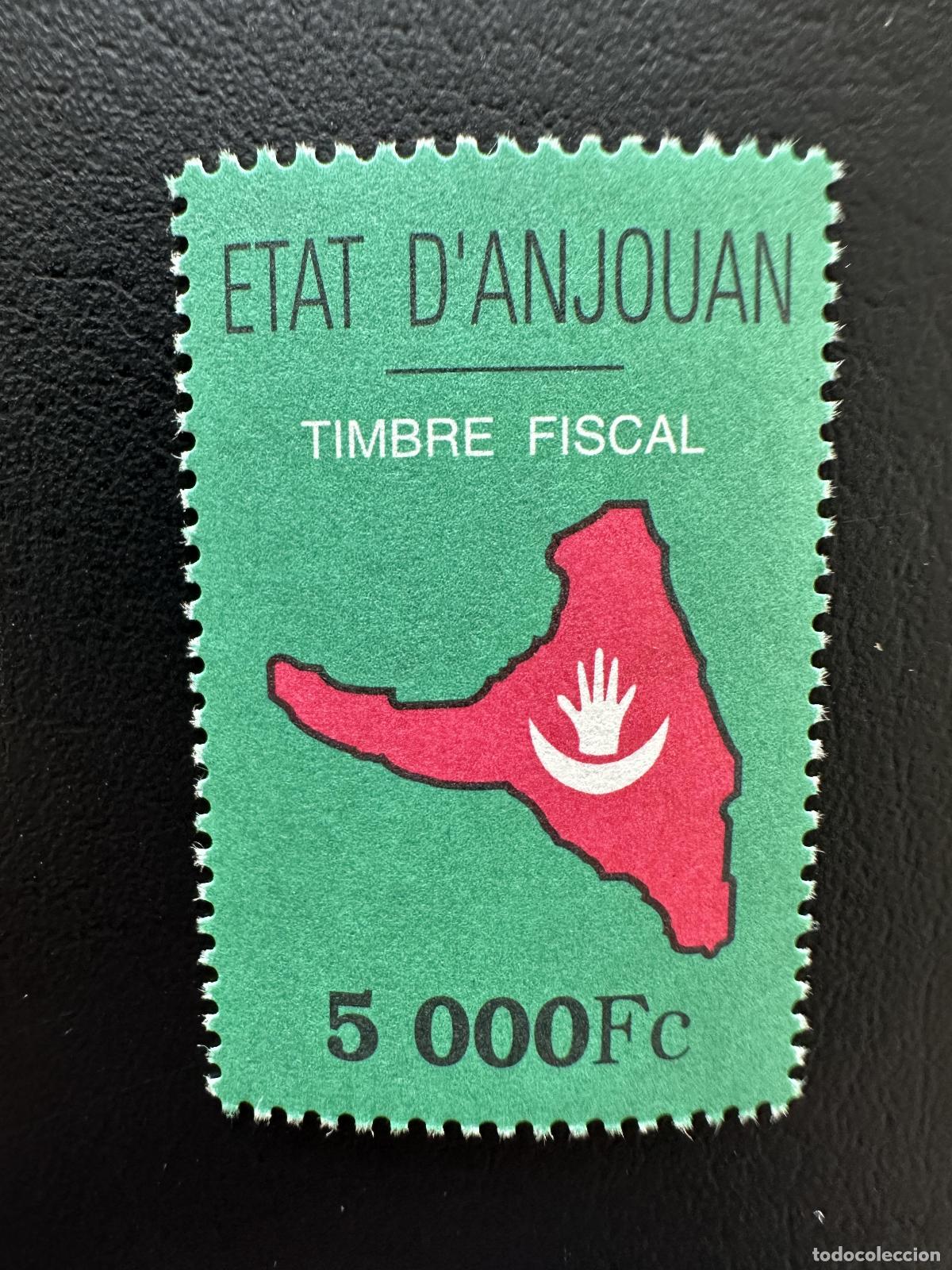 Sellos: Anjouan Comoras 1999 fiscal 5000FC mapa isla mano media luna rojo verde