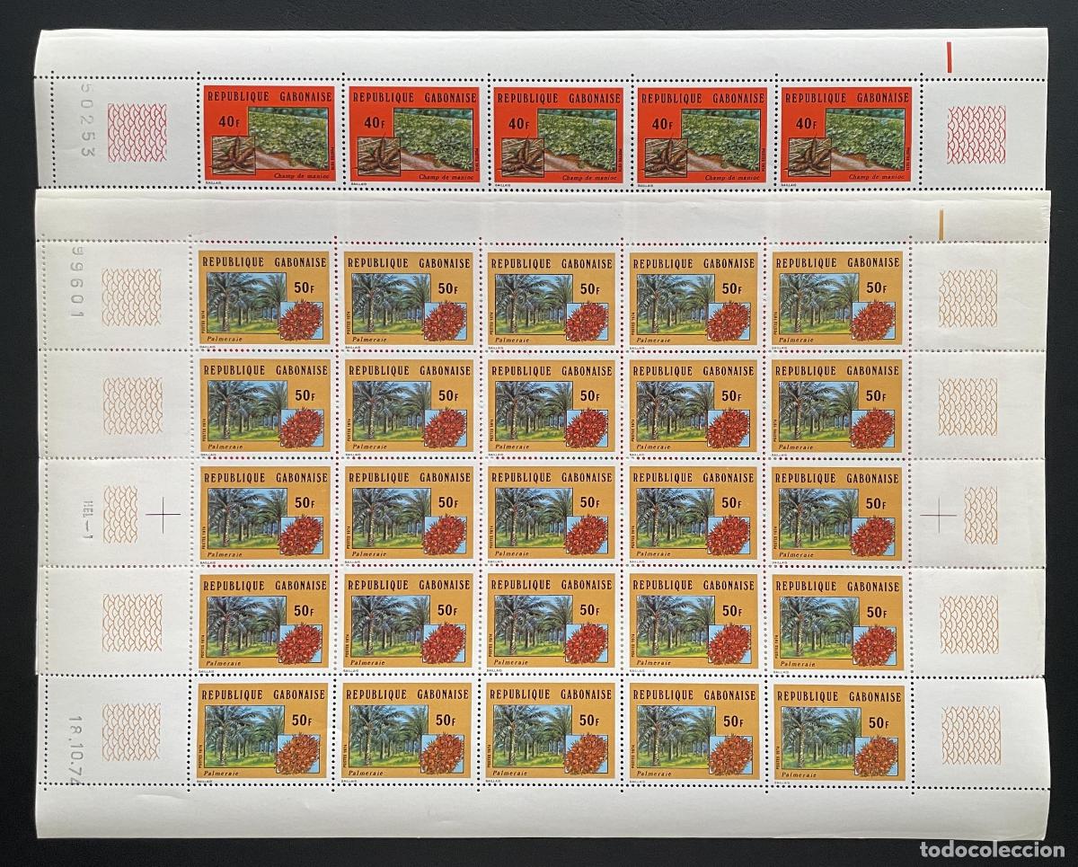 Sellos: Gab&oacute;n 1974 YT 336-337 tabl&oacute;n mandioca palmeral palmera agricultura