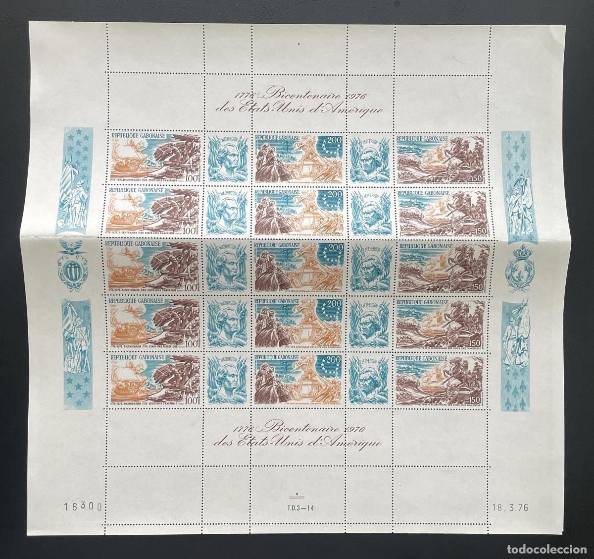 Sellos: Gab&oacute;n 1976 YT PA 180A tabl&oacute;n Bicentenario USA Washington Jefferson