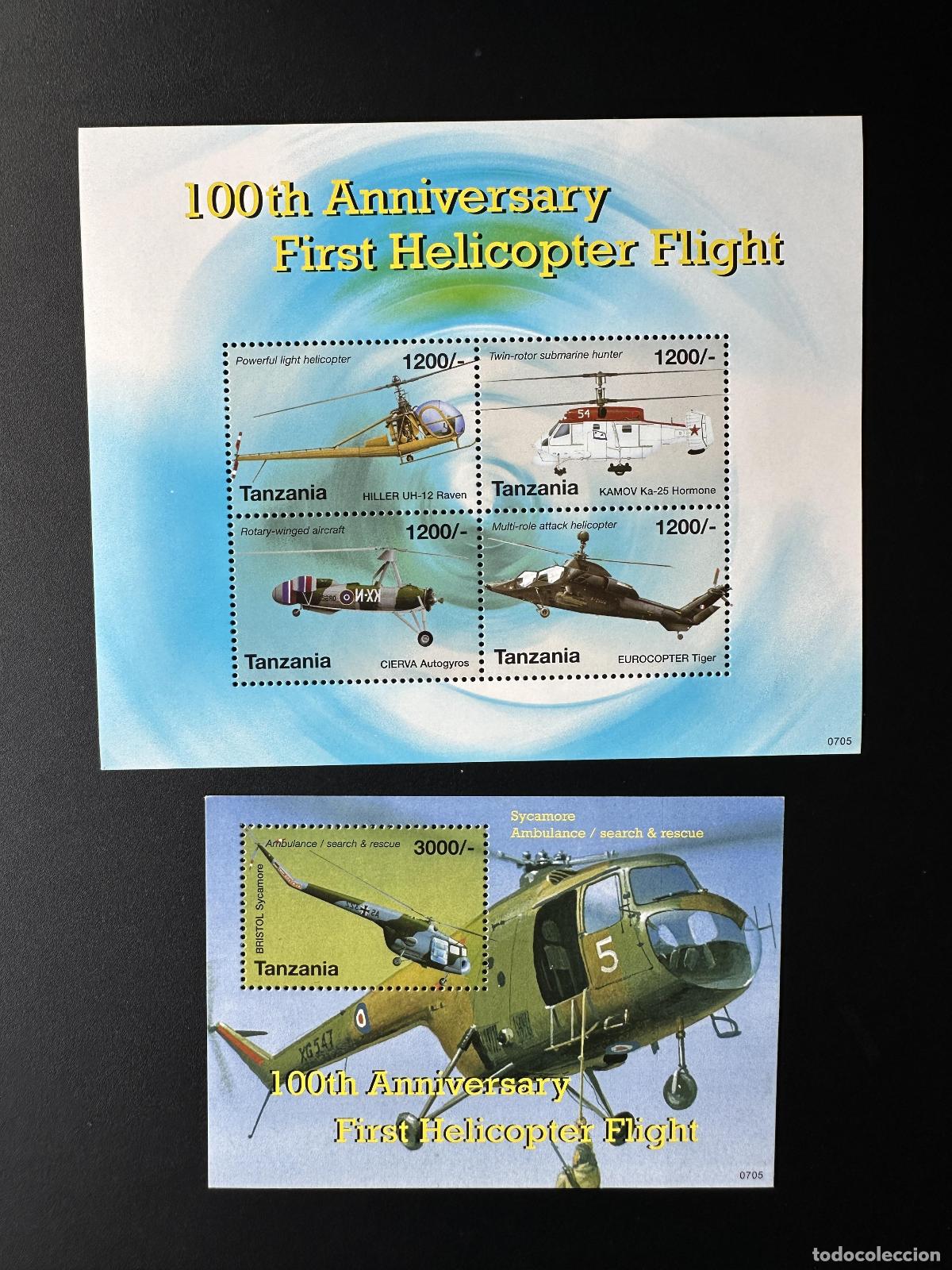 Sellos: Primer vuelo en helic&oacute;ptero Mi. 4539-4542 Bl. 616 Centenario de Tanzania 2007