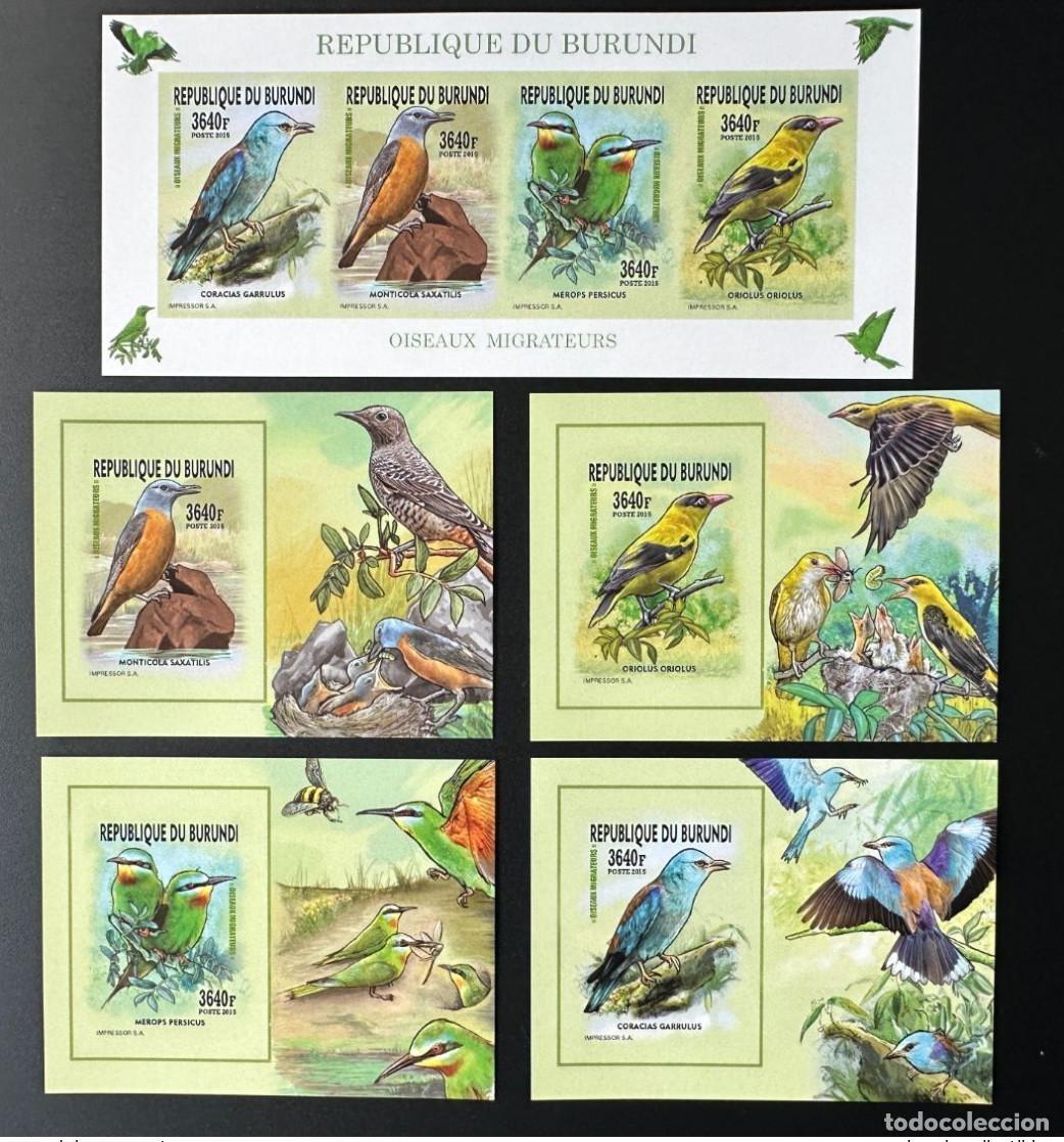 Sellos: Burundi 2015/2016 Mi. AA-AD 3577 + Bl. ND IMPERF | Aves migratorias P&aacute;jaros