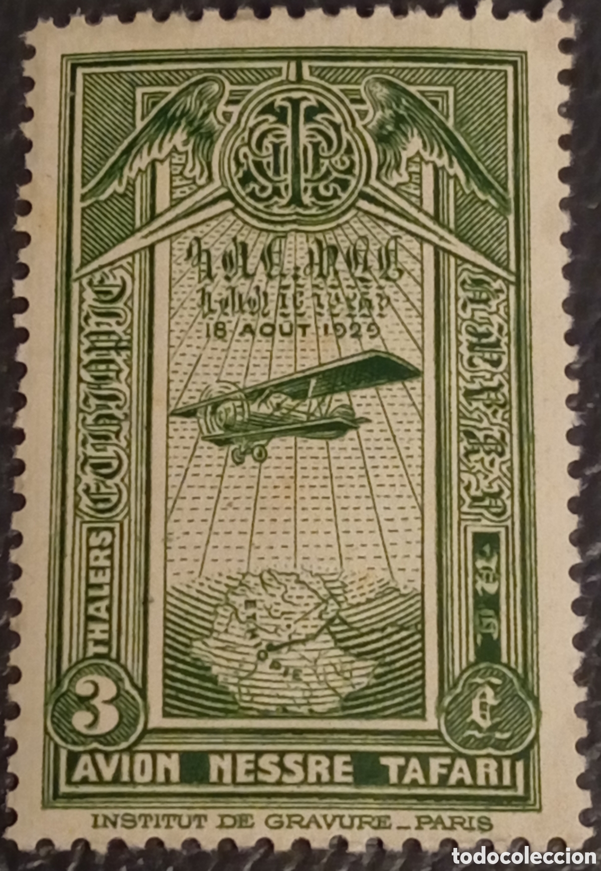 Sellos: Etiop&iacute;a 1931 - Correo A&eacute;reo 3 Thalers Verde - Scott #C16 (Yvert #187) - MNH