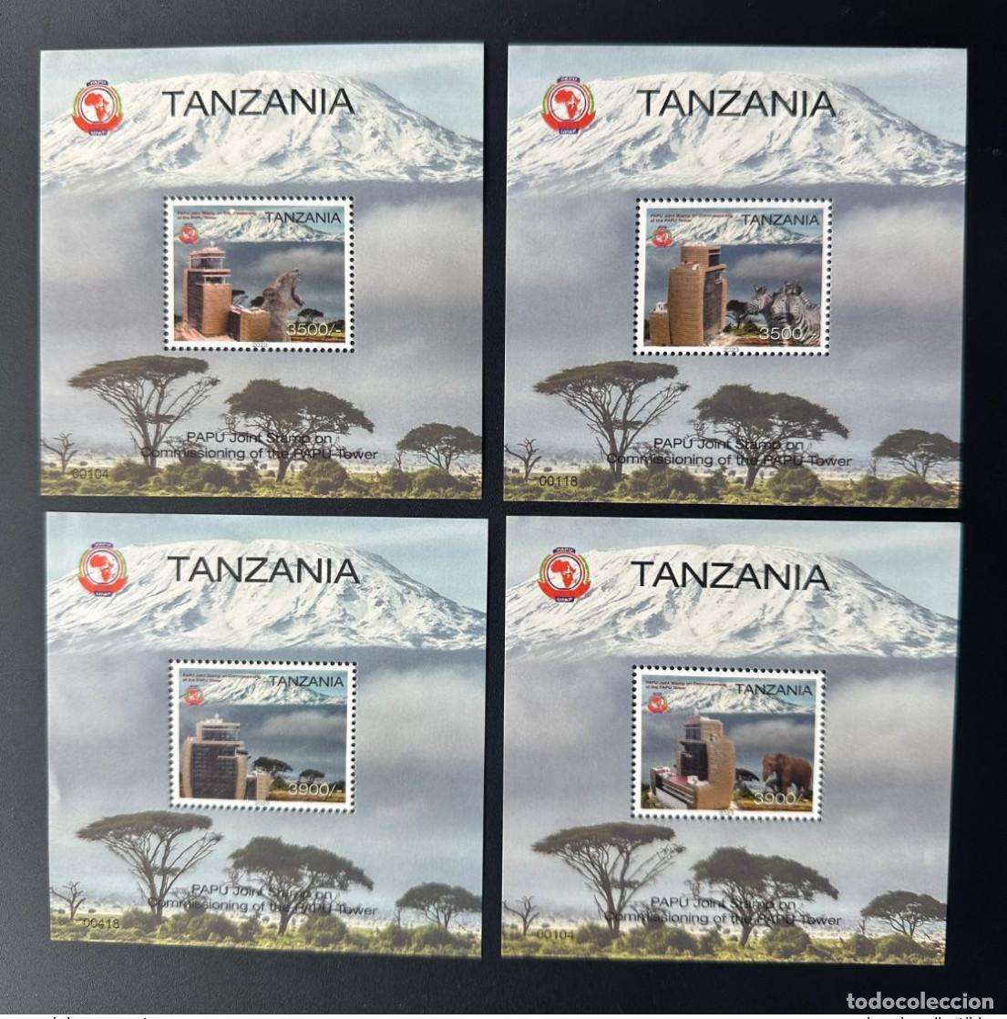 Briefmarken: Tanzania 2023 Mi.? L&aacute;minas de recuerdo: Edici&oacute;n conjunta: PAPU Tower UPAP Arusha
