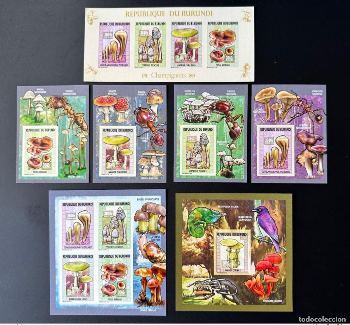 Sellos: Burundi 2014/2015 Mi. 3562 - 3566 Bl. 557 561 ND Hongos insectos P&aacute;jaro