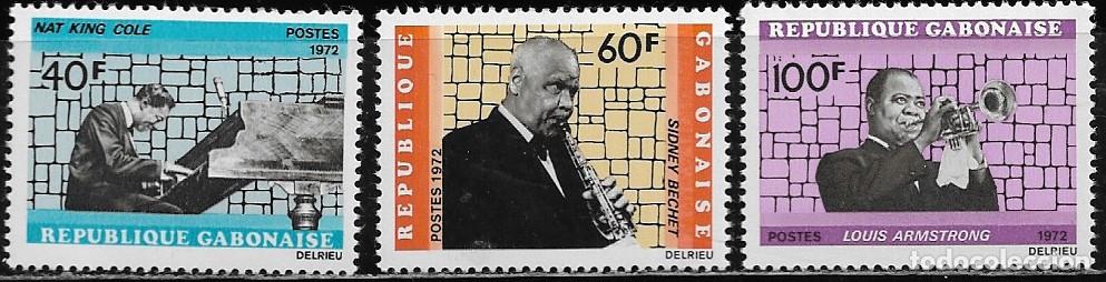 Sellos: GABON 1972, Ivert 294/96 - GRANDES M&Uacute;SICOS DE JAZZ. MNH.