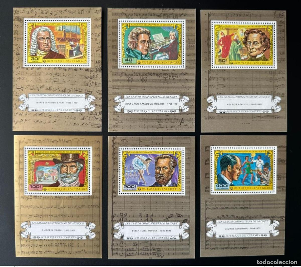 Sellos: Comoras 1978 Mi. Bol. 126 - 131 Compositores Bach Mozart Berlioz Tchaikovsky