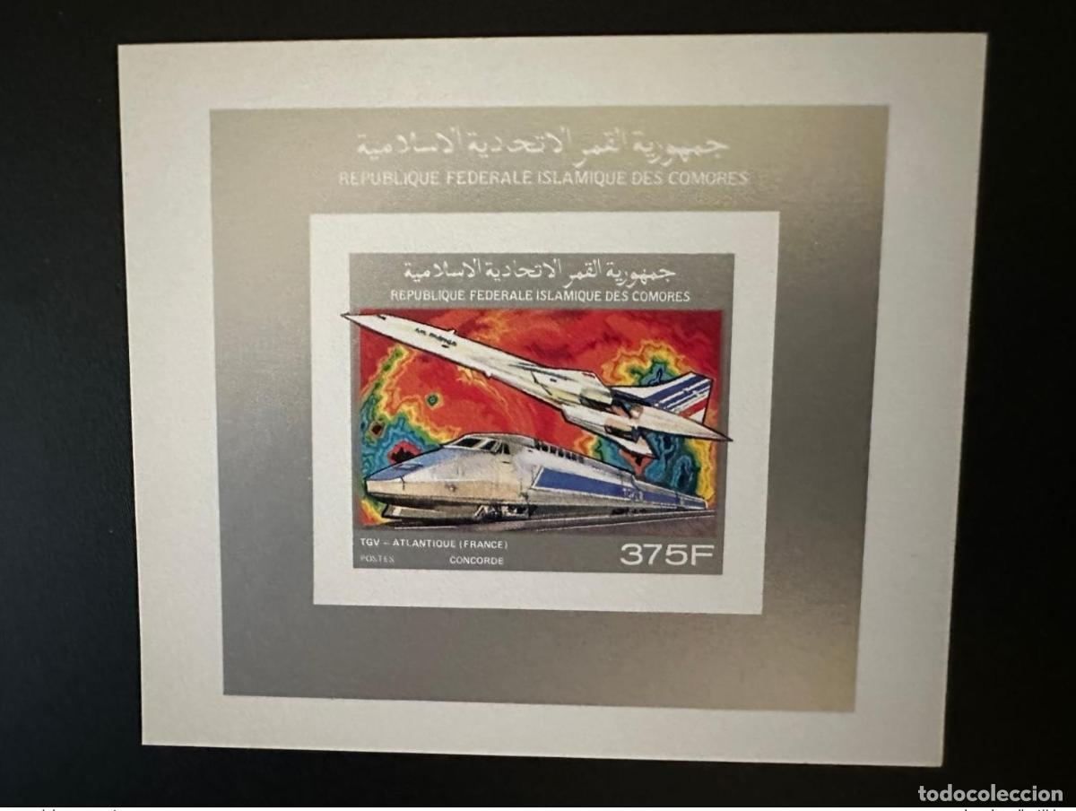 Francobolli: Comoras 1990 Mi. 946 ND IMPERF Block Lujoso TGV Atlantique Train Concorde