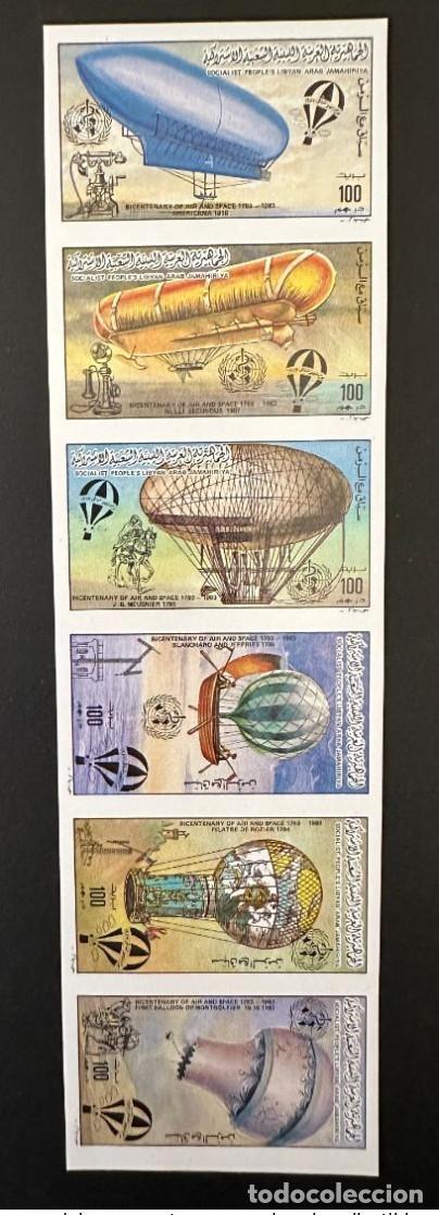 Sellos: Libia 1983 Mi. 1209 - 1217 IMPERF ND strip globo a&eacute;reo y espacial Zeppelin