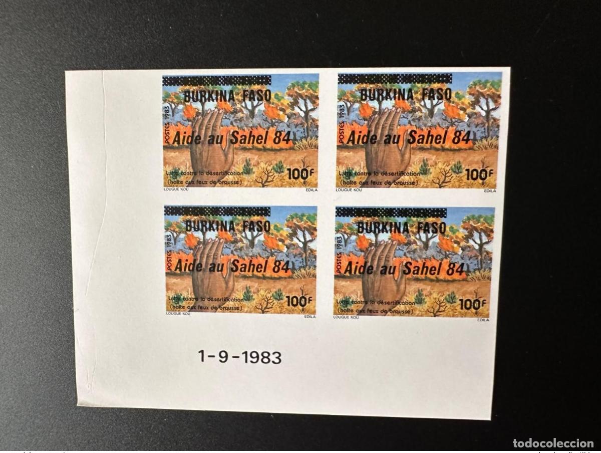 Sellos: Burkina Faso 1984 Mi. C975 ND IMPERF bloque de 4 unidades ayuda al Sahel con fecha sobrecarga