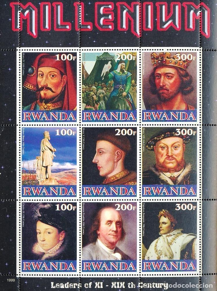 Sellos: RWANDA 1999 SHEET MNH MILLENNIUM FRANKLIN NAPOLEON REYES KINGS REALEZA MONARCAS GENGHIS KHAN