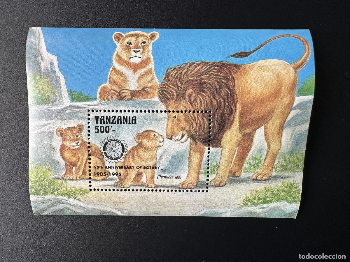 Sellos: Tanzania 1996 Mi. Bl. 350 sobrecargados. 90 aniversario del Club Rotario 1995 Lion Wildlife