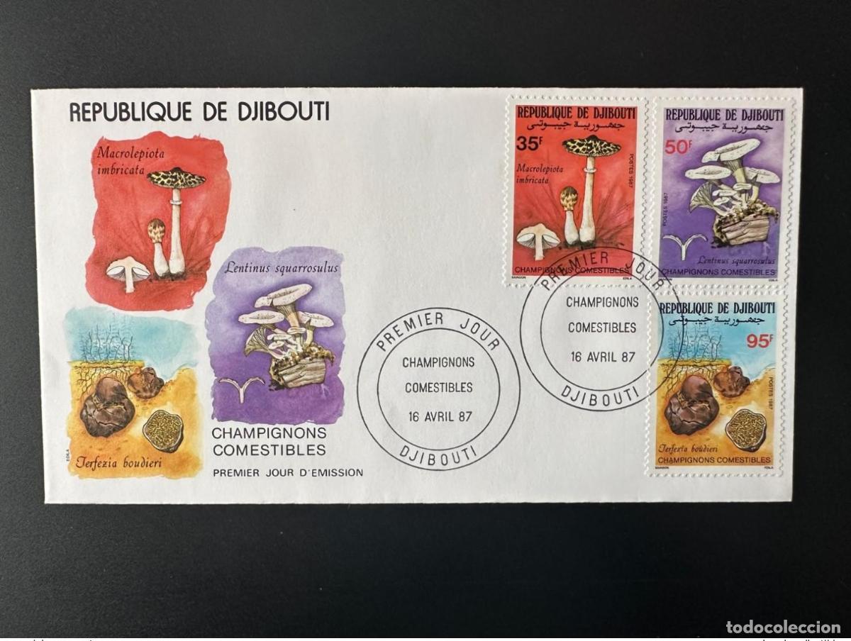 Sellos: Yibuti 1987 Mi. 488 - 490 FDC Hongos comestibles Pilze Funghi
