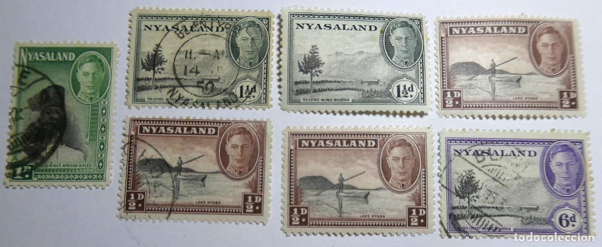 Sellos: 7 sellos postales de Nyasaland (actual Malaui), con busto del Rey Jorge VI
