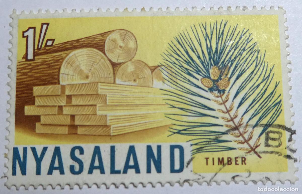 Sellos: sello postal de Nyasaland 1 chel&iacute;n y 1964 (actual Malawi) tem&aacute;tica de Madera