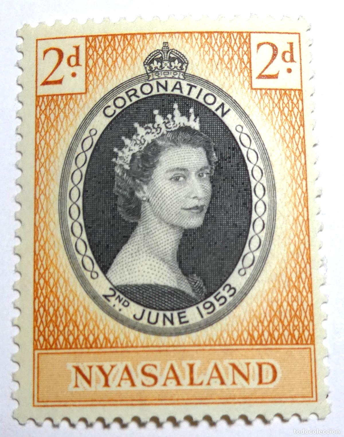 Sellos: sello postal de Nyasaland 2 peniques (Actual Malawi) coronaci&oacute;n Reina Isabel II 2 de junio de 1953.