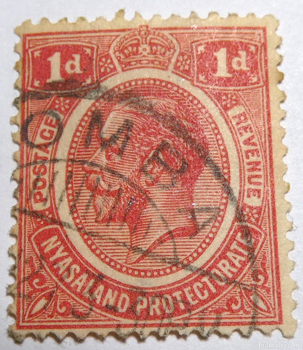 Sellos: sello postal de Nyasaland 1 penique 1908 Rey Jorge V (Actual Malawi)