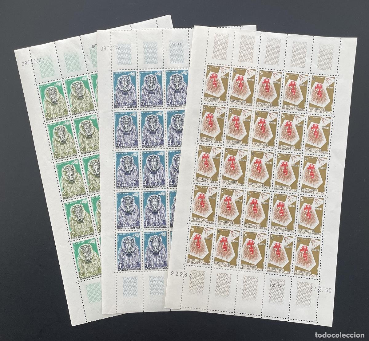 Stamps: Alto Volta 1960 YT 75-77 bloque m&aacute;scaras africanas arte tribal fauna Mono