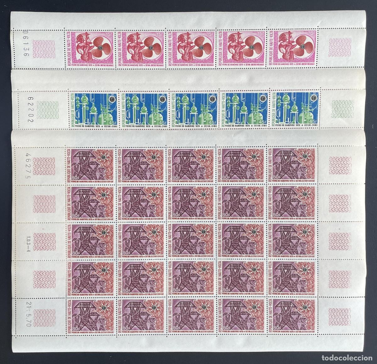 Sellos: Alto Volta 1970 YT 220-222 bloque Feria Hannover barco qu&iacute;mica electricidad
