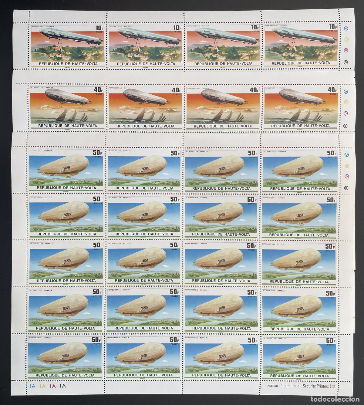 Sellos: Alto Volta 1976 YT 385-387 bloque Zeppelin dirigible aviaci&oacute;n