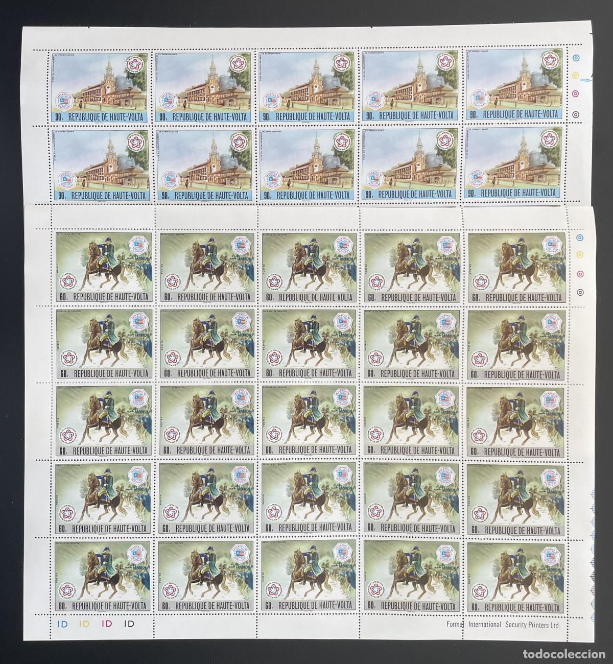 Sellos: Alto Volta 1976 YT 393-394 tabl&oacute;n Bicentenario Revoluci&oacute;n Americana caballo