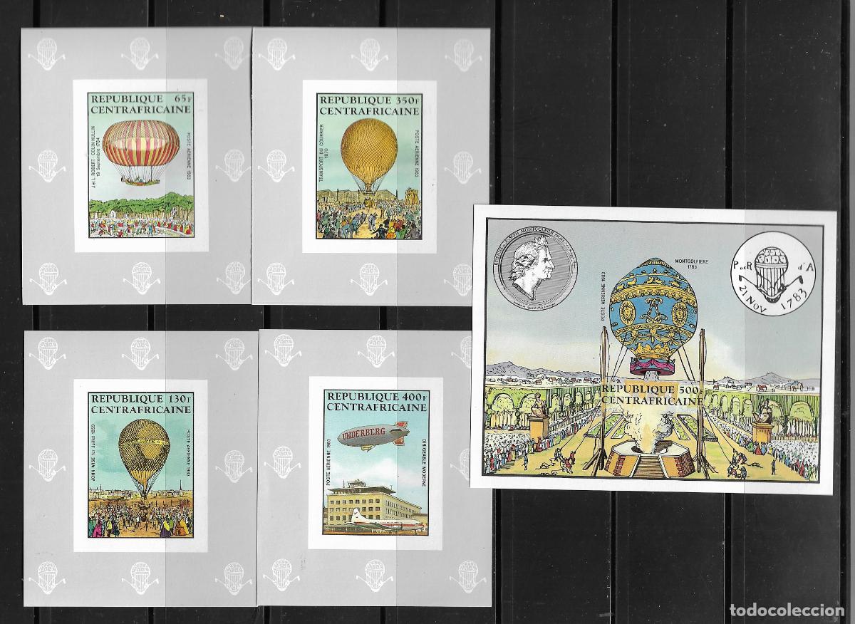 Sellos: CENTROAFRICANA 1983, Serie A-272/75 en Pruebas sin dentar + HB. 63 Sin dentar. Globo. MNH.