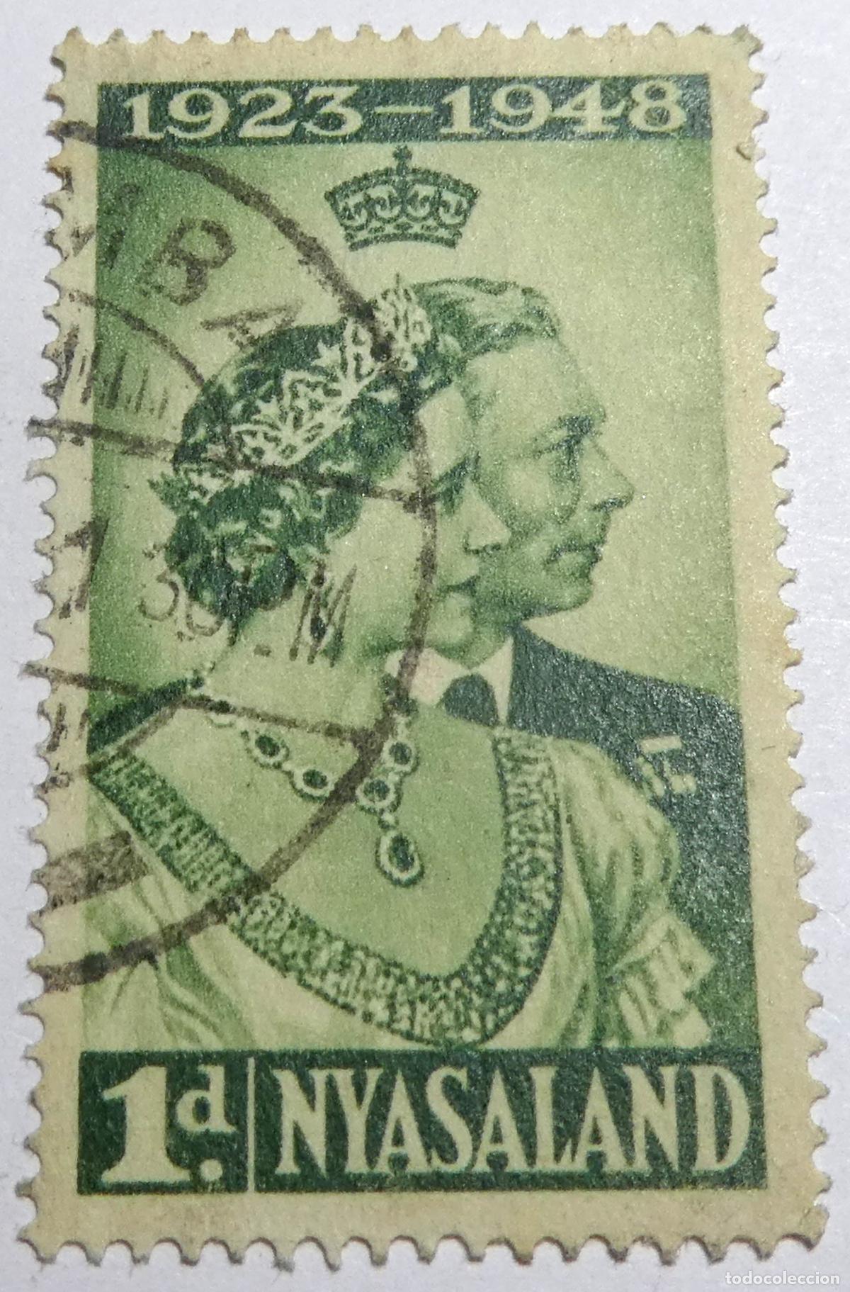 Sellos: Sello postal de Nyasaland 1 penique 1923-1948 Bodas de Plata (Actual Malawi)