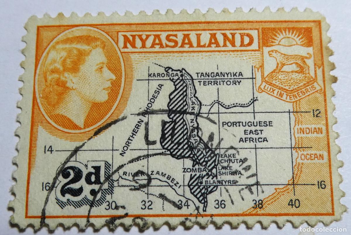 Sellos: Sello postal de Nyasaland 2 peniques 1953 Reina Isabel II (Actual Malawi)