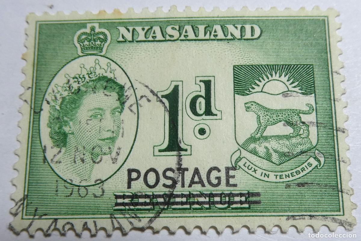 Sellos: sello postal de Nyasaland 1 penique Reina Isabel II 1963 (actual Malawi), sobrecargado