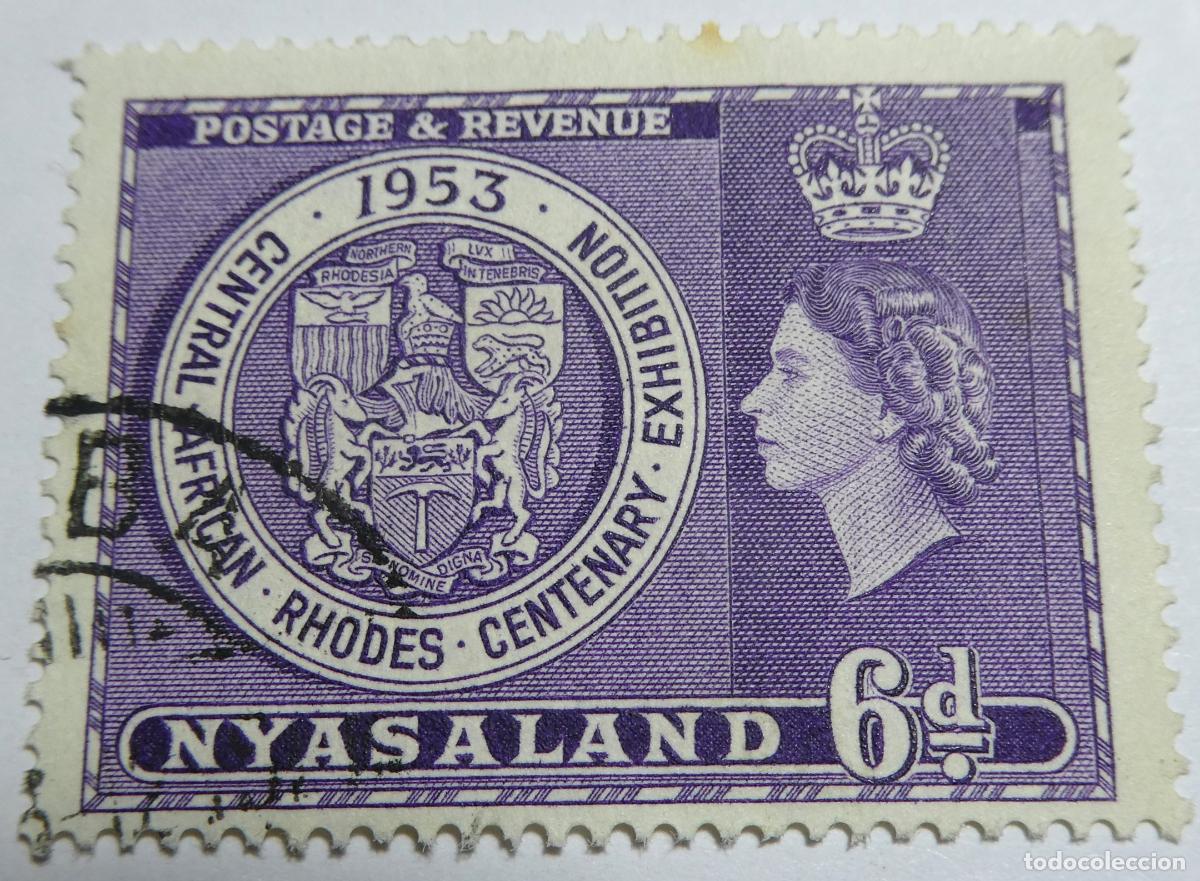 Sellos: sello postal de Nyasaland 6 peniques Reina Isabel II 1963 (actual Malawi),centenario Cecil J. Rhodes