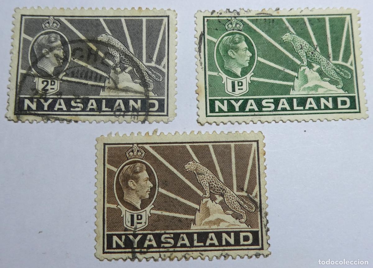 Sellos: 3 sellos postales de Nyasaland REY JEORGE VI leopardo sobre una roca (actual Malawi)
