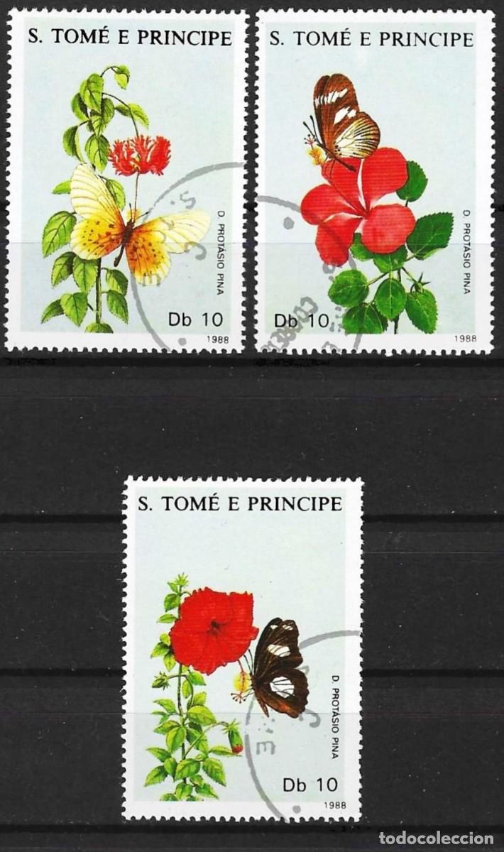 Sellos: Santo Tom&aacute;s y Pr&iacute;ncipe 1988 - Mi 1062 a 1064 - YT 920 a 922 - Mariposas y flores ( Serie completa )