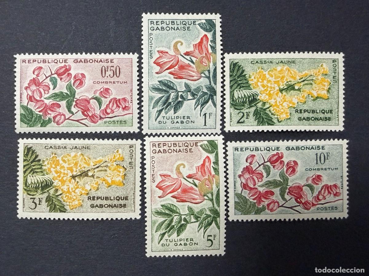 Sellos: GAB&Oacute;N, 1961. YVERT 153/58. FLORA. SERIE COMPLETA. NUEVOS. CON FIJASELLOS