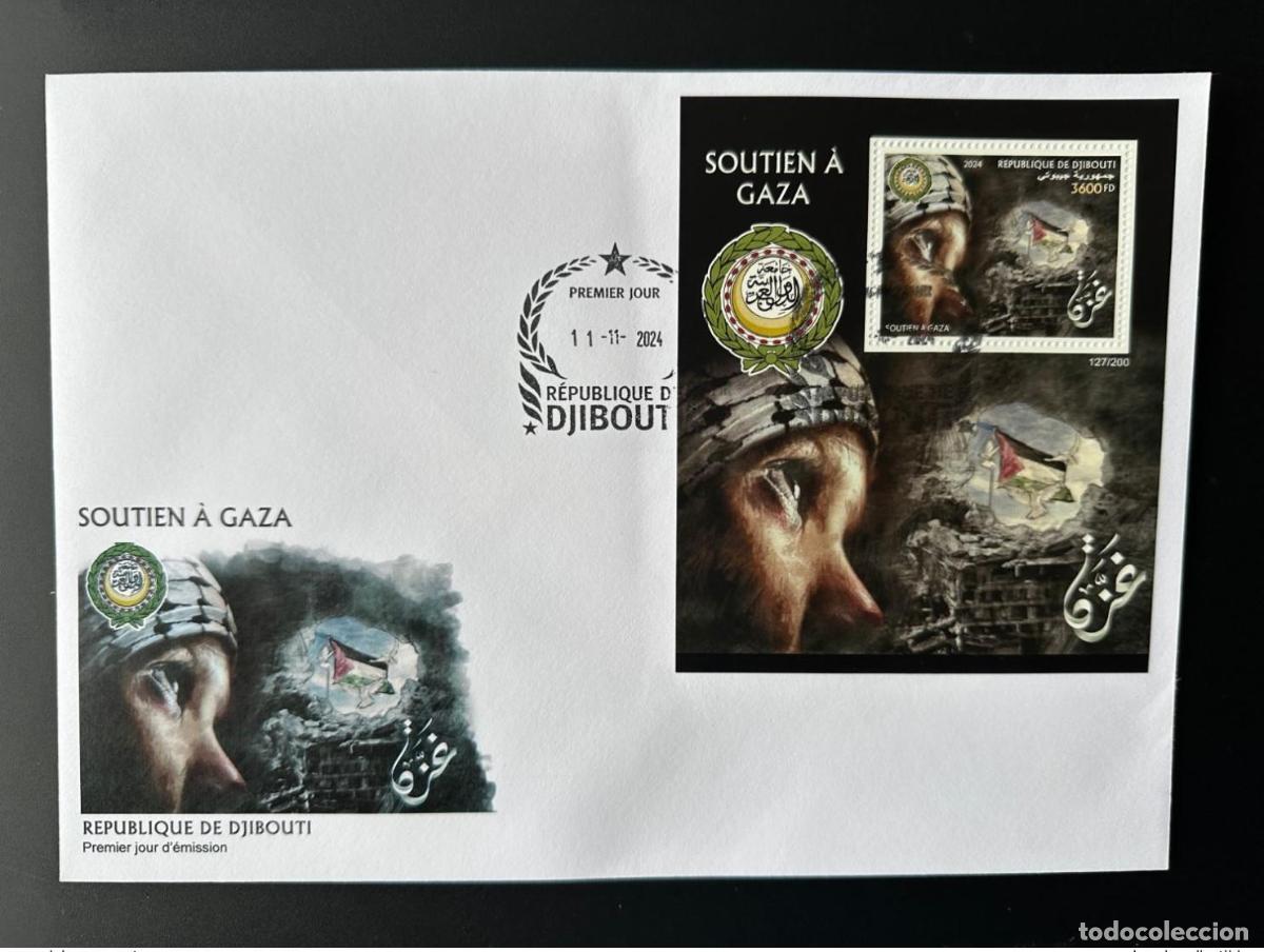 Sellos: Yibuti 2024 Mi.? S/S FDC edici&oacute;n conjunta de la Liga &Aacute;rabe Gaza Paloma bandera p&aacute;jaro