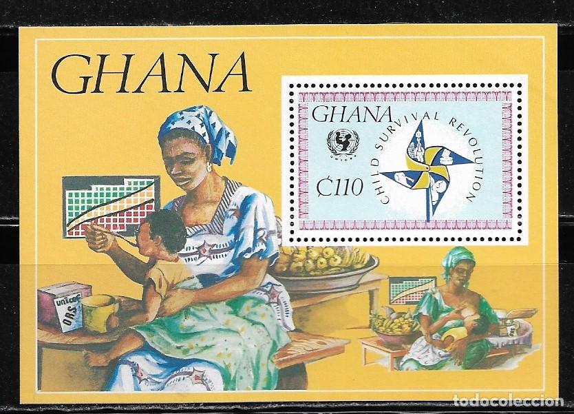 Sellos: GHANA 1985, HOJA BLOQUE Ivert 120 - CAMPA&Ntilde;A DE SUPERVIVENCIA. MNH.