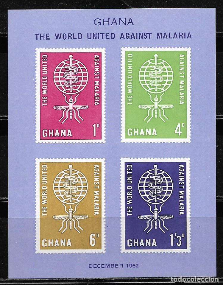 Sellos: GHANA 1962, HOJA BLOQUE Ivert 7 - IRRADICACI&Oacute;N DEL PALUDISMO. MNH.