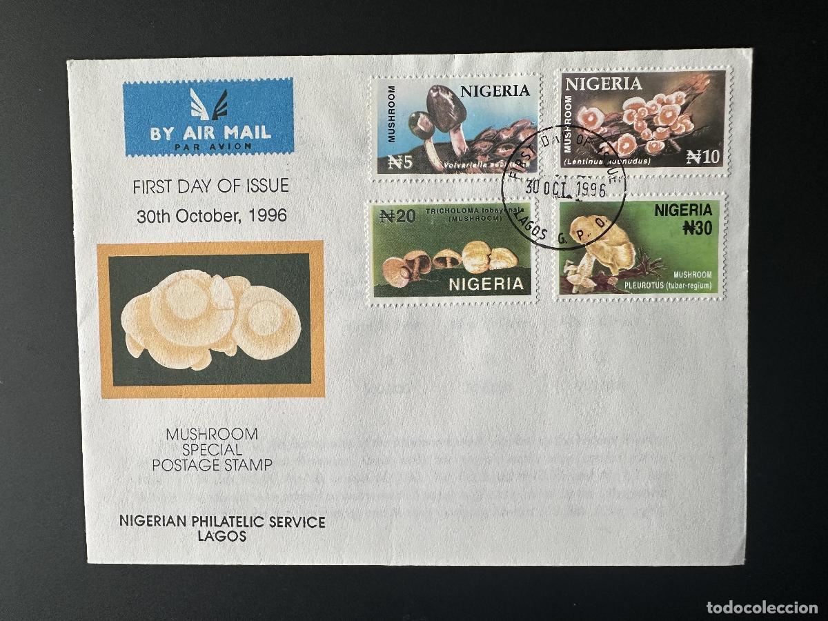 Sellos: Nigeria 1996 Mi. 671 - 674 FDC Primer d&iacute;a de setas y hongos Pilze Funghi
