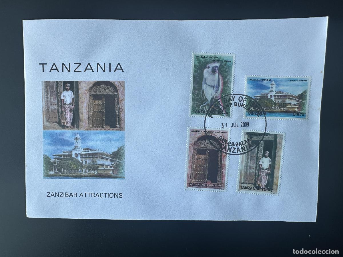 Sellos: Tanzania 2009 Mi. 4643 - 4646 FDC Primer d&iacute;a de atracciones en Zanz&iacute;bar Monkey