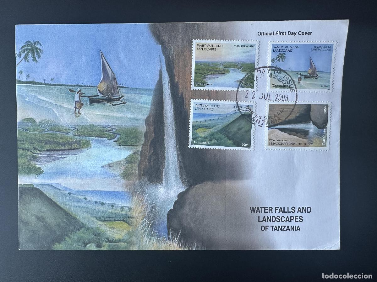 Sellos: Tanzania 2003 Mi. 4103 - 4106 FDC barco con cascada y paisajes de primer d&iacute;a