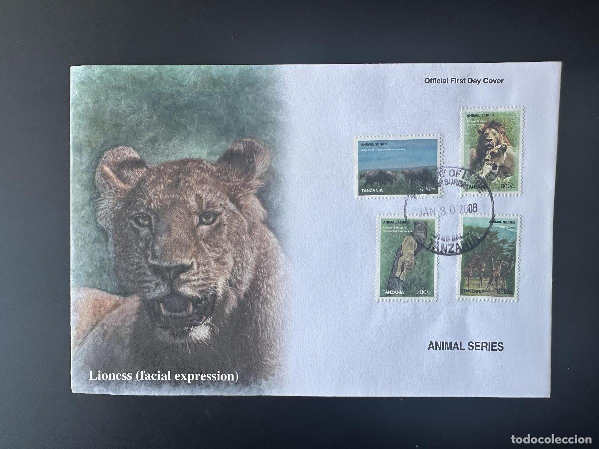Sellos: Tanzania 2008 Mi. 4544 - 4547 FDC Primer d&iacute;a Serie de animales Lion Jirafa