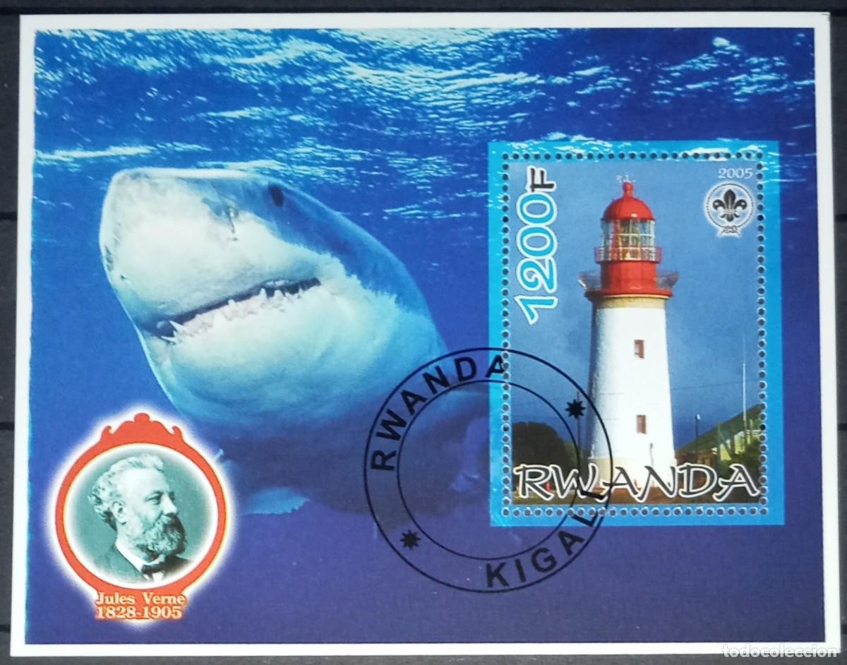 Briefmarken: RWANDA 2005 SHEET USED MNH JULES VERNE FAUNA MARINA TIBURONES SHARKS FAROS LIGHTHOUSES MARINE LIFE