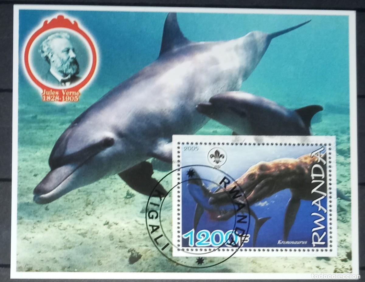 Briefmarken: RWANDA 2005 SHEET USED MNH JULES VERNE FAUNA DINOSAURIOS TIBURONES SHARKS DELFINES DOLPHINS DAUPHINS
