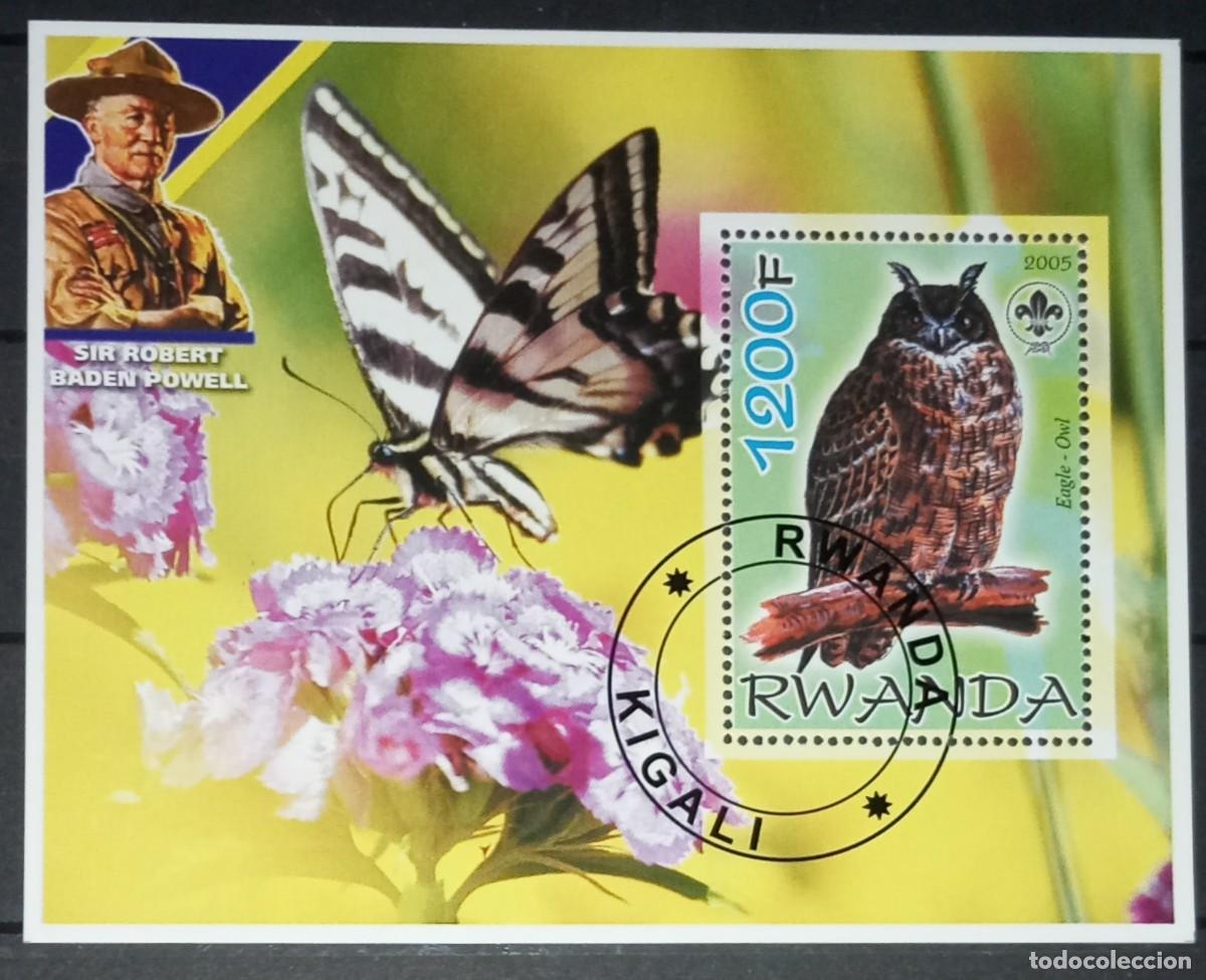 Selos: RWANDA 2005 SHEET MNH USED BADEN POWELL FAUNA OWLS HIBOUX BUHOS AVES MARIPOSAS BUTTERFLIES FLORES