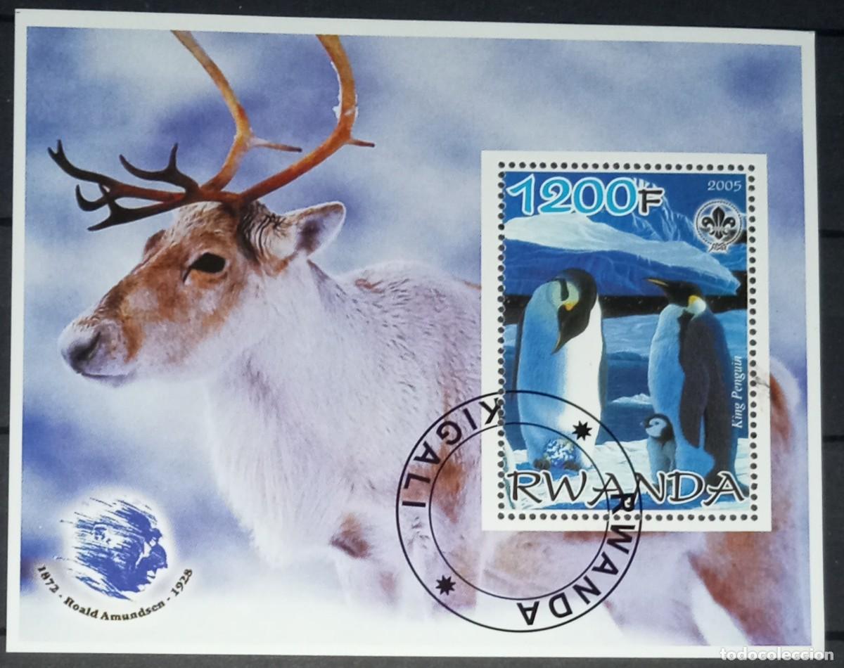 Timbres: RWANDA 2005 SHEET USED MNH AMUNDSEN FAUNA WILDLIFE RENOS RENNE RENTIER PINGUINOS PENGUINS AVES BIRDS