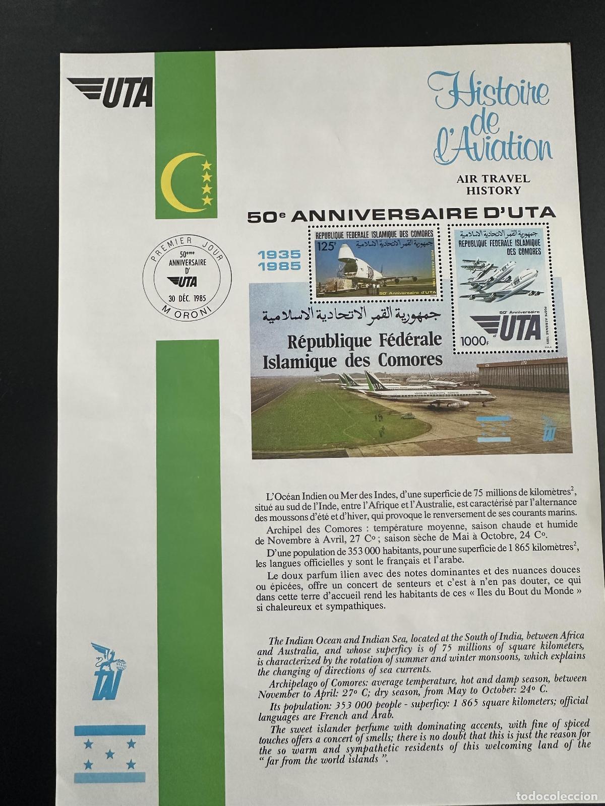 Timbres: Comoras 1985 Mi. Bl. 242 hojas Historia de la aviaci&oacute;n UTA Aircraft DC-10 Boeing