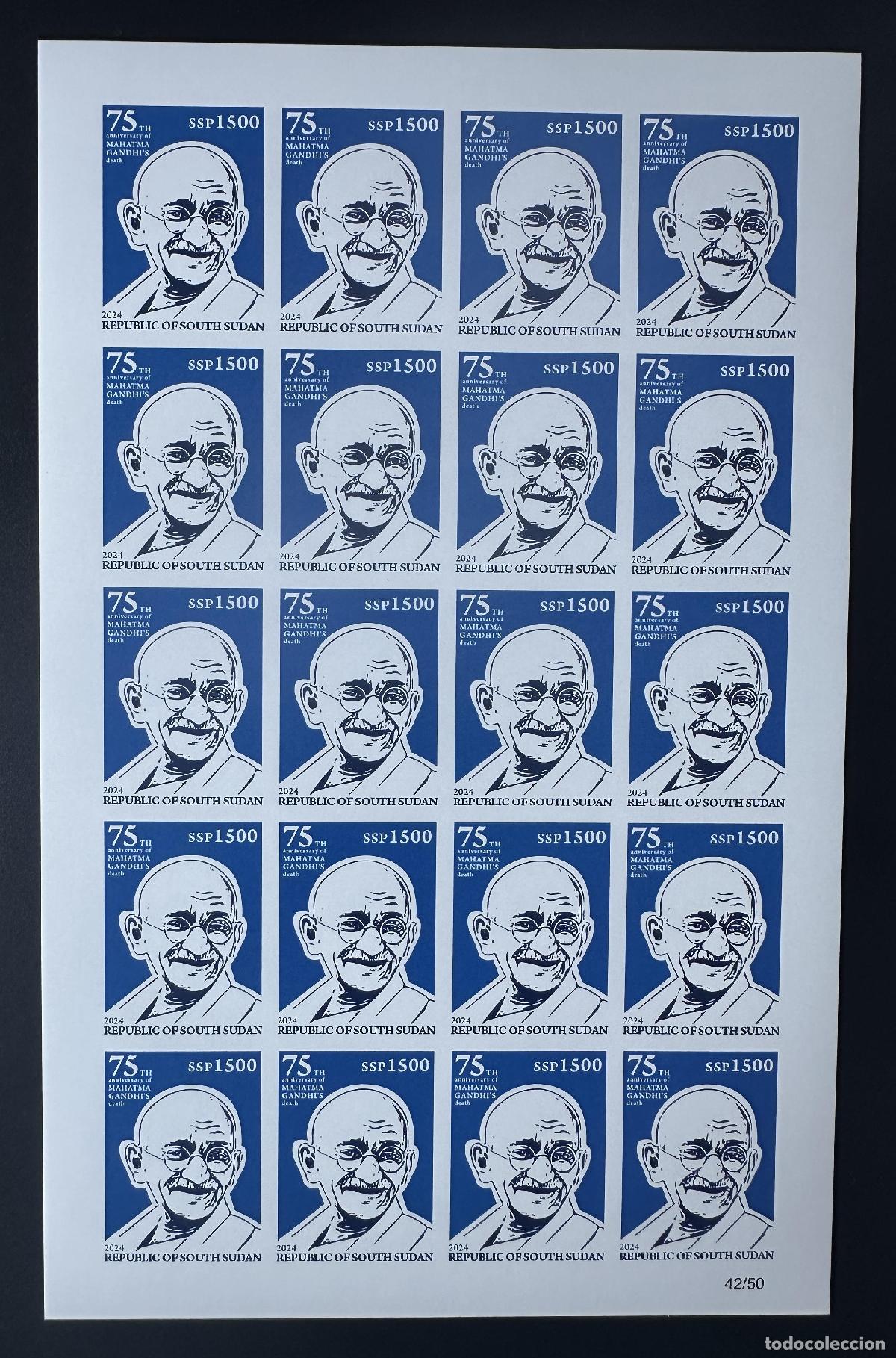 Sellos: Sud&aacute;n del Sur 2024 Mi. 32 ND Mohandas Mahatma Gandhi India muerte 1500 SSP placa