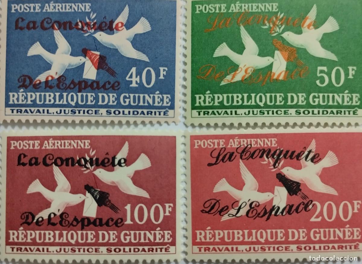 Sellos: REP&Uacute;BLICA DE GUINEA, A&Ntilde;O 1959, 4 VALORES, A&Eacute;REO**MNH, TRABAJO, JUSTICIA, SOLIDARIDAD.